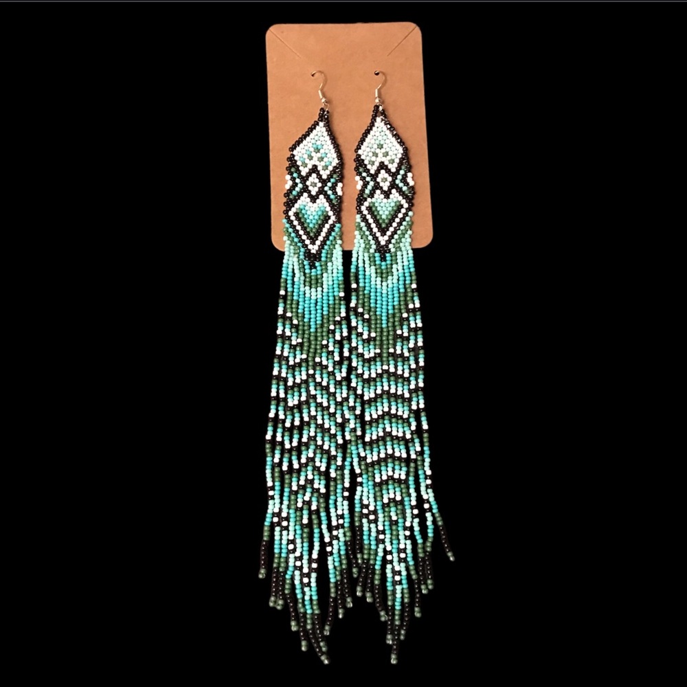 8" Beaded Dangle Earrings Aqua, White, Black Tribal BOHO Extra Long